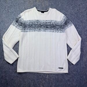 Nautica Jeans Co Sweater Mens XL White Grey Stripe Cotton Crewneck Knit Pullover
